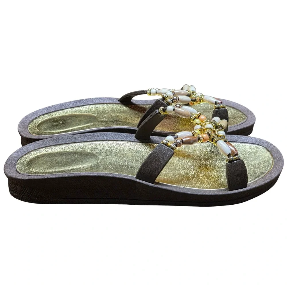 Womens Beaded Wedge Sandals Brown Gold Boho Strappy Slip On Beach Pool Size XL